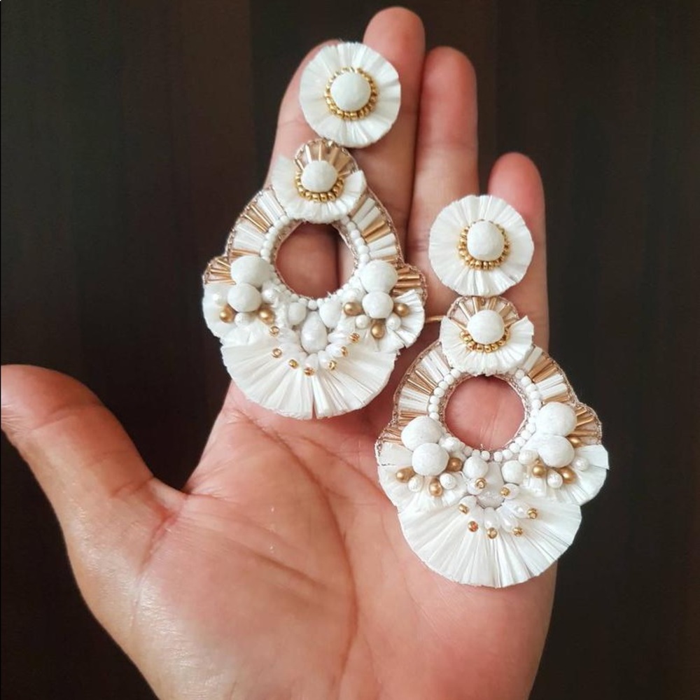 Boho Statement White and Gold Wedding Earrings - Picture 2 of 9